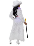 Person wearing a white fluffy costume with a hood and holding a staff on a white background