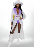 Person wearing a white fur-trimmed coat, purple outfit, and white boots on a white background