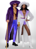 Two people in vibrant, colorful costumes on a white background