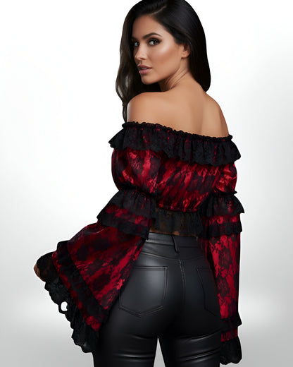 Red and Black Lace Peasant Top with Smocked Flare Sleeves