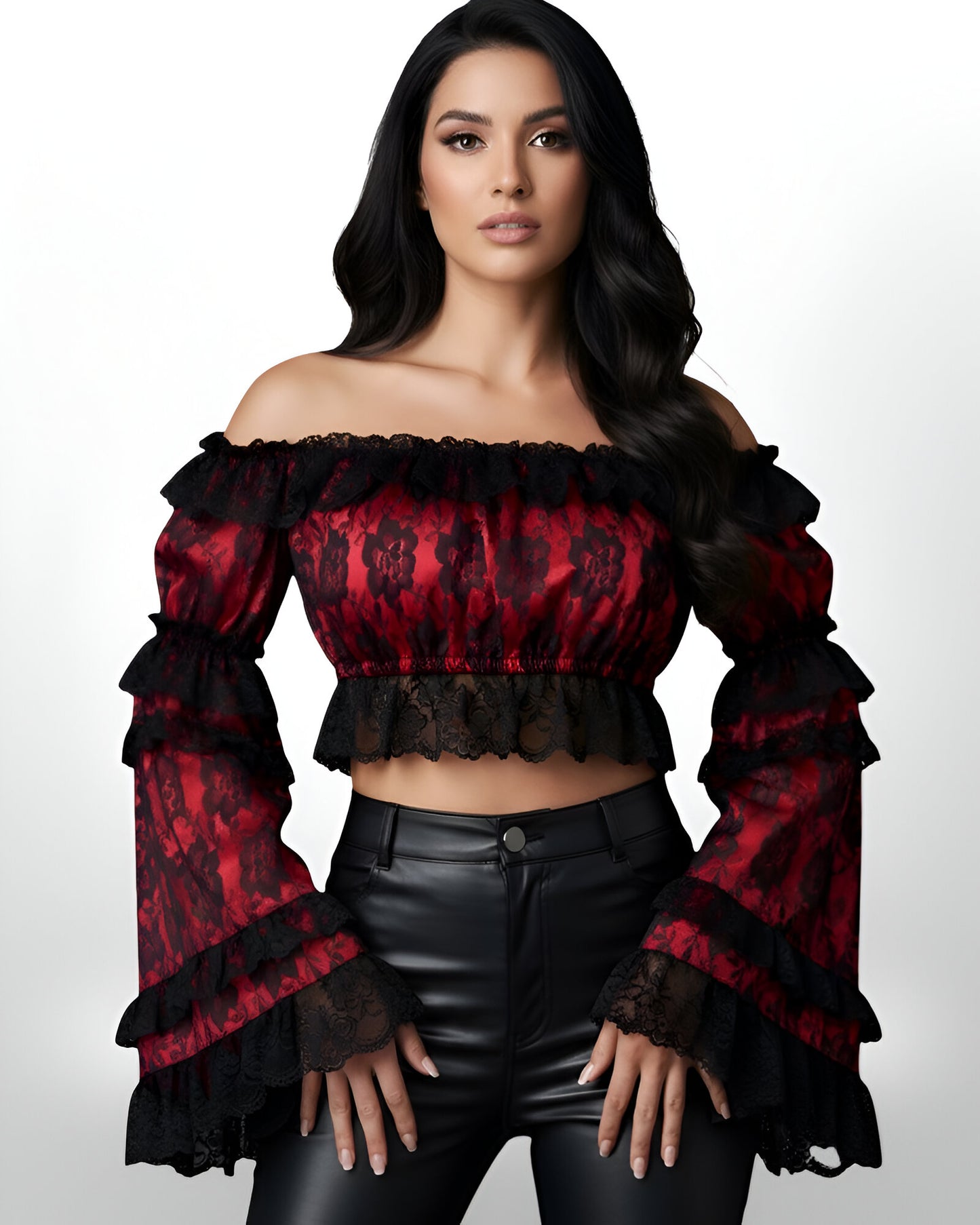 Red and Black Lace Peasant Top with Smocked Flare Sleeves