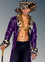 Man wearing a purple coat with leopard print accents and a gold chain necklace against a gray background