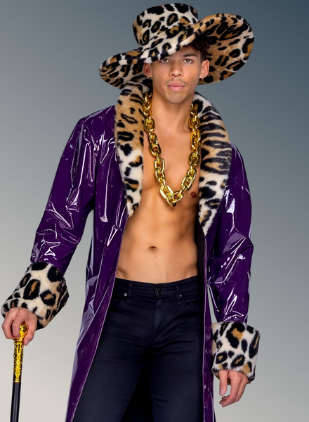 Man wearing a purple coat with leopard print accents and a gold chain necklace against a gray background