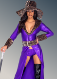 Person wearing a purple outfit with leopard print details on a gray background
