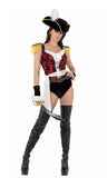 Woman in a pirate costume with a sword on a white background