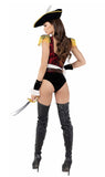 Woman in a Red Gold and Black pirate costume with a hat, top, shorts, and boots on a white background