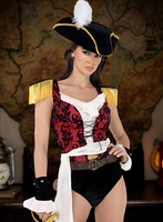 Woman in a pirate costume with a map in the background