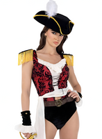 Woman in a pirate costume with a black hat and red vest on a white background