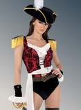 Woman in a pirate costume with a black hat and red vest on a gray background