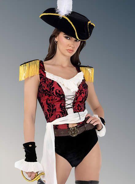 Woman in a pirate costume with a black hat and red vest on a gray background