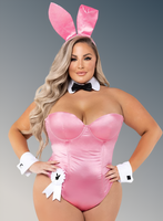 Person wearing a pink bunny costume with ears and a bodysuit on a gray background