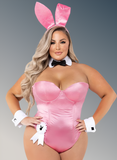 Person wearing a pink bunny costume with ears and a bodysuit on a gray background