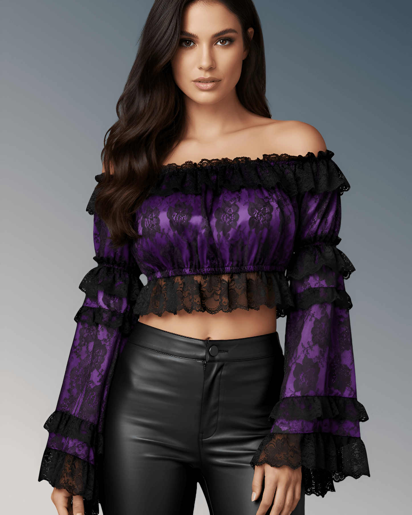 Woman wearing a purple lace top with black ruffles on a gray background
