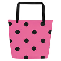 Autumn LeAnn Designs® | Brilliant Rose Pink with Black Polka Dots Large Tote Bag