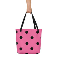 Autumn LeAnn Designs® | Brilliant Rose Pink with Black Polka Dots Large Tote Bag