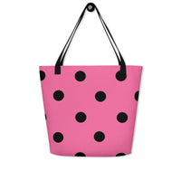 Autumn LeAnn Designs® | Brilliant Rose Pink with Black Polka Dots Large Tote Bag