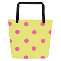 Autumn LeAnn Designs® | Dolly Yellow with Brilliant Rose Pink Polka Dots Large Tote Bag