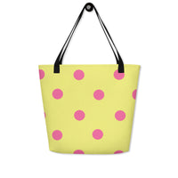 Autumn LeAnn Designs® | Dolly Yellow with Brilliant Rose Pink Polka Dots Large Tote Bag