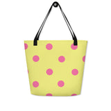 Autumn LeAnn Designs® | Dolly Yellow with Brilliant Rose Pink Polka Dots Large Tote Bag