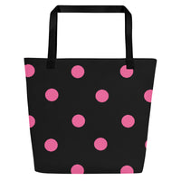 Autumn LeAnn Designs® | Black with Brilliant Rose Pink Polka Dots Large Tote Bag