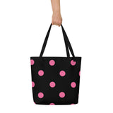 Autumn LeAnn Designs® | Black with Brilliant Rose Pink Polka Dots Large Tote Bag