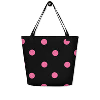 Autumn LeAnn Designs® | Black with Brilliant Rose Pink Polka Dots Large Tote Bag