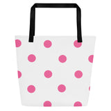 Autumn LeAnn Designs® | White with Brilliant Rose Pink Polka Dots Large Tote Bag