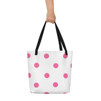 Autumn LeAnn Designs® | White with Brilliant Rose Pink Polka Dots Large Tote Bag