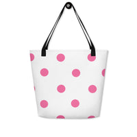 Autumn LeAnn Designs® | White with Brilliant Rose Pink Polka Dots Large Tote Bag