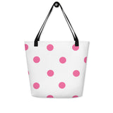 Autumn LeAnn Designs® | White with Brilliant Rose Pink Polka Dots Large Tote Bag