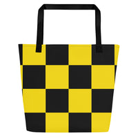 Autumn LeAnn Designs® | Bright Neon Yellow and Black Checkers Large Tote Bag