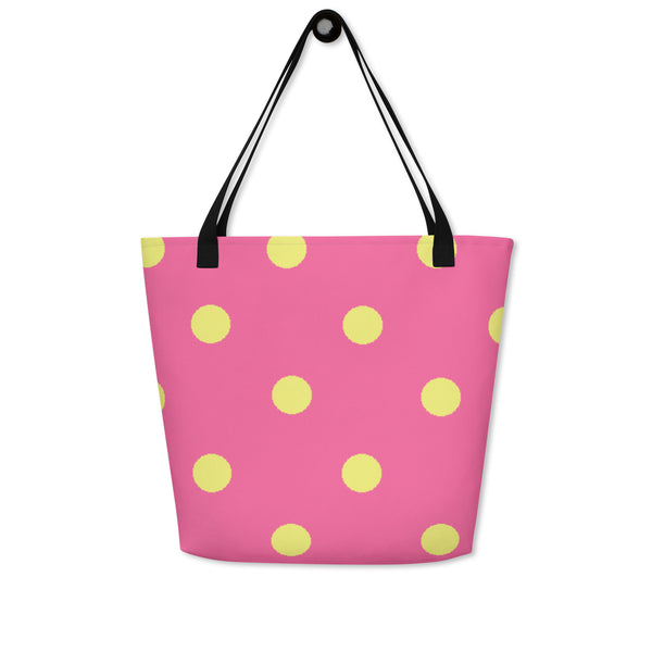 Autumn LeAnn Designs® | Brilliant Rose Pink with Dolly Yellow Polka Dots Large Tote Bag