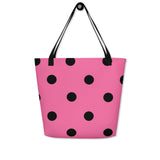 Autumn LeAnn Designs® | Brilliant Rose Pink with Black Polka Dots Large Tote Bag