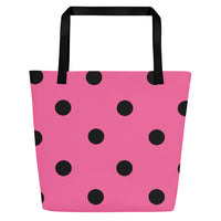 Autumn LeAnn Designs® | Brilliant Rose Pink with Black Polka Dots Large Tote Bag