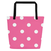 Autumn LeAnn Designs® | Brilliant Rose Pink with White Polka Dots Large Tote Bag