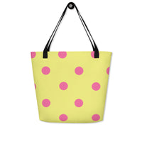 Autumn LeAnn Designs® | Dolly Yellow with Brilliant Rose Pink Polka Dots Large Tote Bag