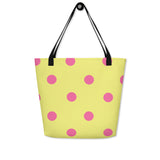 Autumn LeAnn Designs® | Dolly Yellow with Brilliant Rose Pink Polka Dots Large Tote Bag