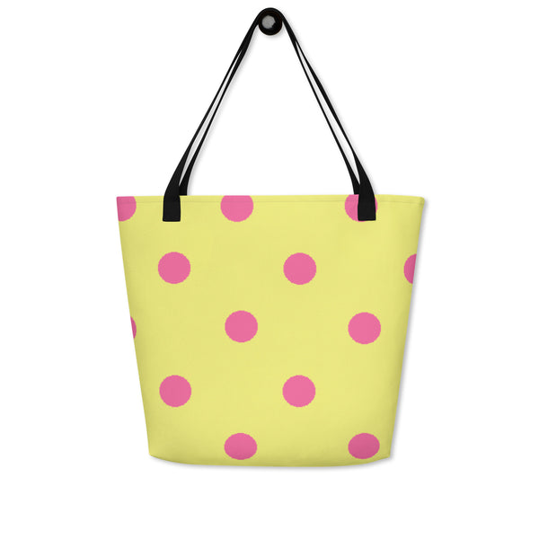 Autumn LeAnn Designs® | Dolly Yellow with Brilliant Rose Pink Polka Dots Large Tote Bag