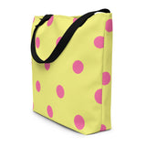 Autumn LeAnn Designs® | Dolly Yellow with Brilliant Rose Pink Polka Dots Large Tote Bag