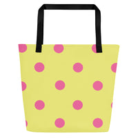 Autumn LeAnn Designs® | Dolly Yellow with Brilliant Rose Pink Polka Dots Large Tote Bag