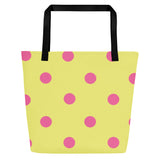 Autumn LeAnn Designs® | Dolly Yellow with Brilliant Rose Pink Polka Dots Large Tote Bag