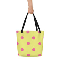 Autumn LeAnn Designs® | Dolly Yellow with Brilliant Rose Pink Polka Dots Large Tote Bag