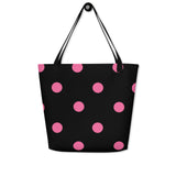 Autumn LeAnn Designs® | Black with Brilliant Rose Pink Polka Dots Large Tote Bag