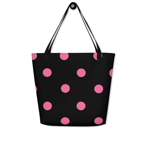 Autumn LeAnn Designs® | Black with Brilliant Rose Pink Polka Dots Large Tote Bag