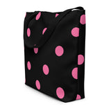 Autumn LeAnn Designs® | Black with Brilliant Rose Pink Polka Dots Large Tote Bag