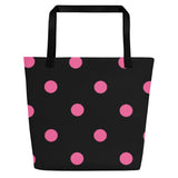 Autumn LeAnn Designs® | Black with Brilliant Rose Pink Polka Dots Large Tote Bag