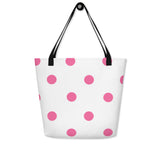 Autumn LeAnn Designs® | White with Brilliant Rose Pink Polka Dots Large Tote Bag