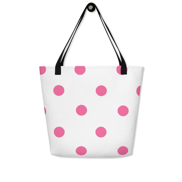 Autumn LeAnn Designs® | White with Brilliant Rose Pink Polka Dots Large Tote Bag