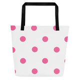 Autumn LeAnn Designs® | White with Brilliant Rose Pink Polka Dots Large Tote Bag