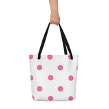 Autumn LeAnn Designs® | White with Brilliant Rose Pink Polka Dots Large Tote Bag